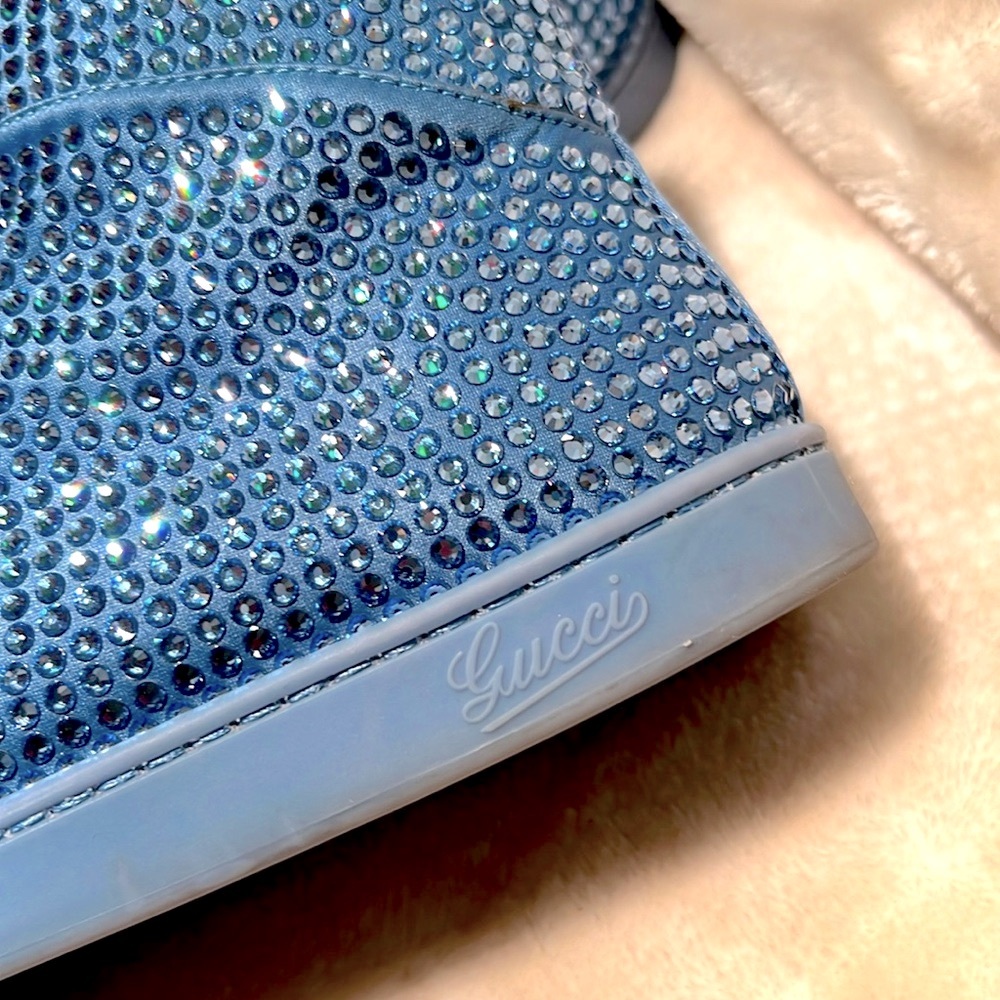 GUCCI 👟 RARE CODA BLUE SATIN LEATHER RHINESTONE CRYSTAL HIGH-TOP SNEAKERS 8.5 - Picture 11 of 15